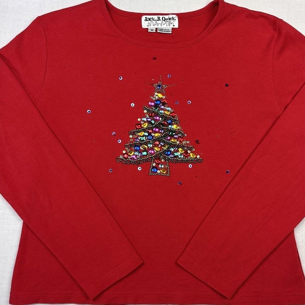 Jack B Quick Shirt Women Medium Red Christmas Tree Sequin Beaded Top Holiday